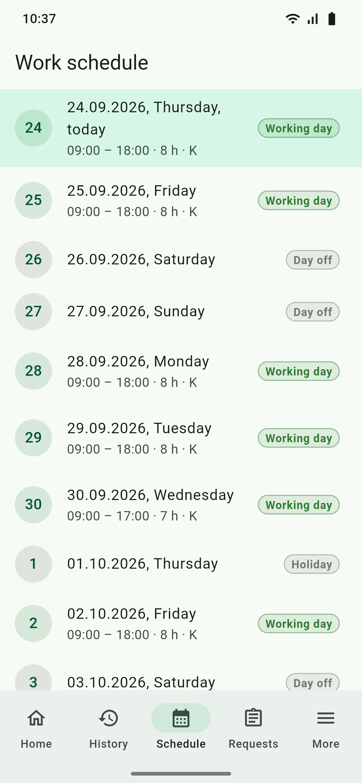 SmartTime mobile app: the work schedule for the next 14 days