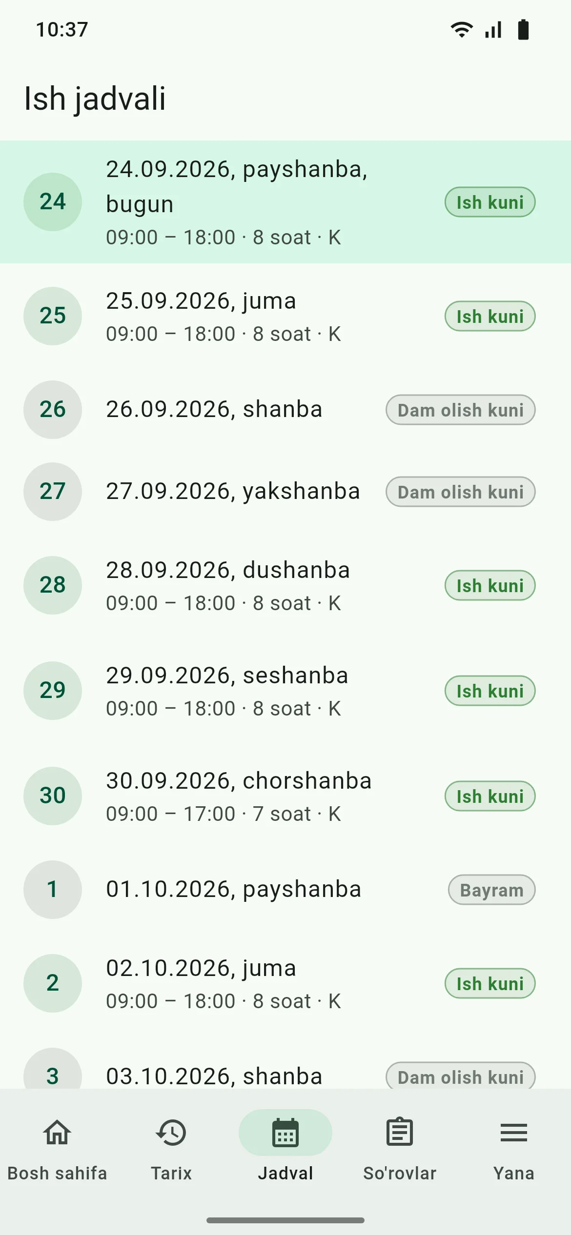 SmartTime mobil ilovasi: keyingi 14 kunlik ish jadvali