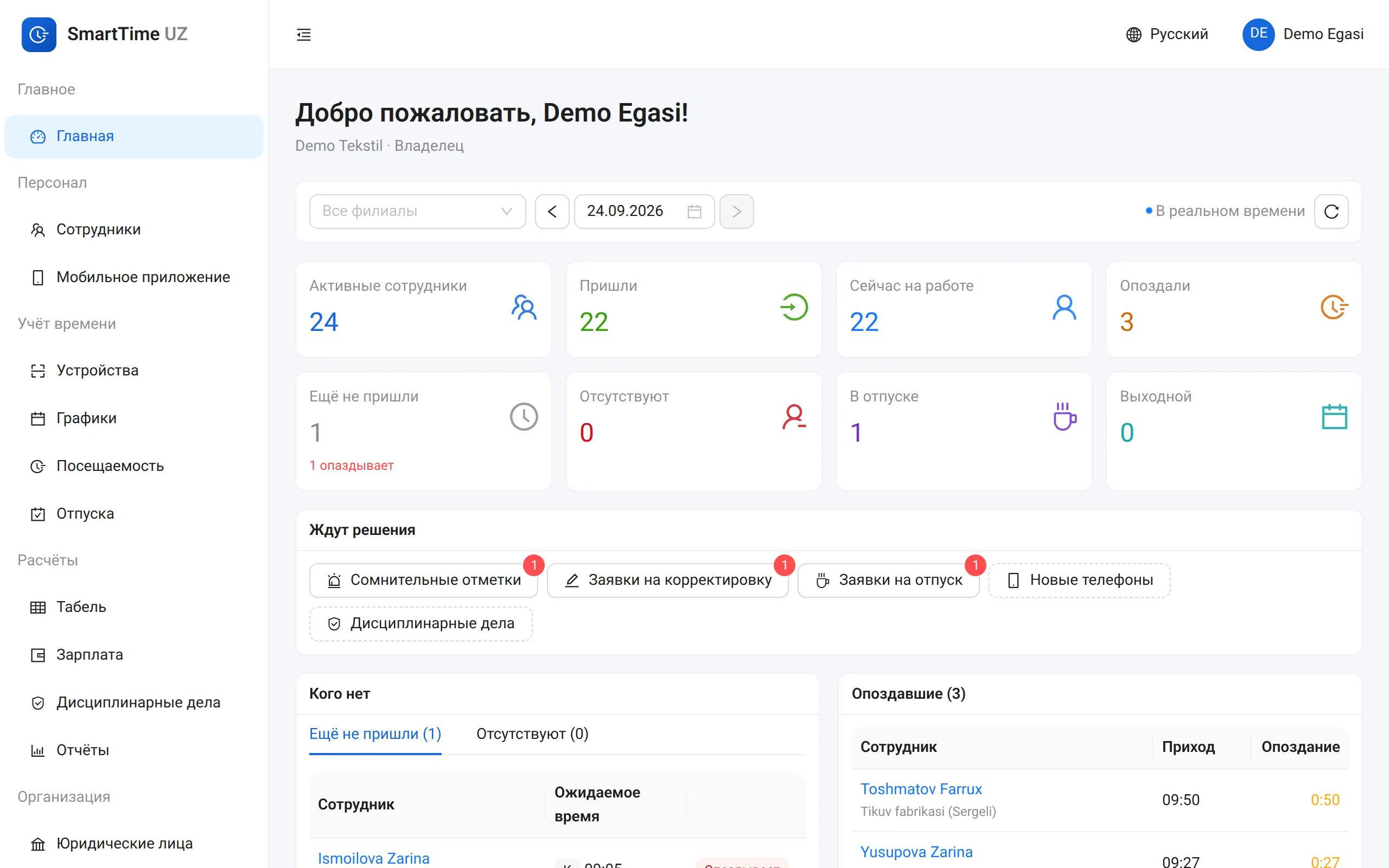 Панель SmartTime: посещаемость за сегодня, опоздавшие и живая лента отметок