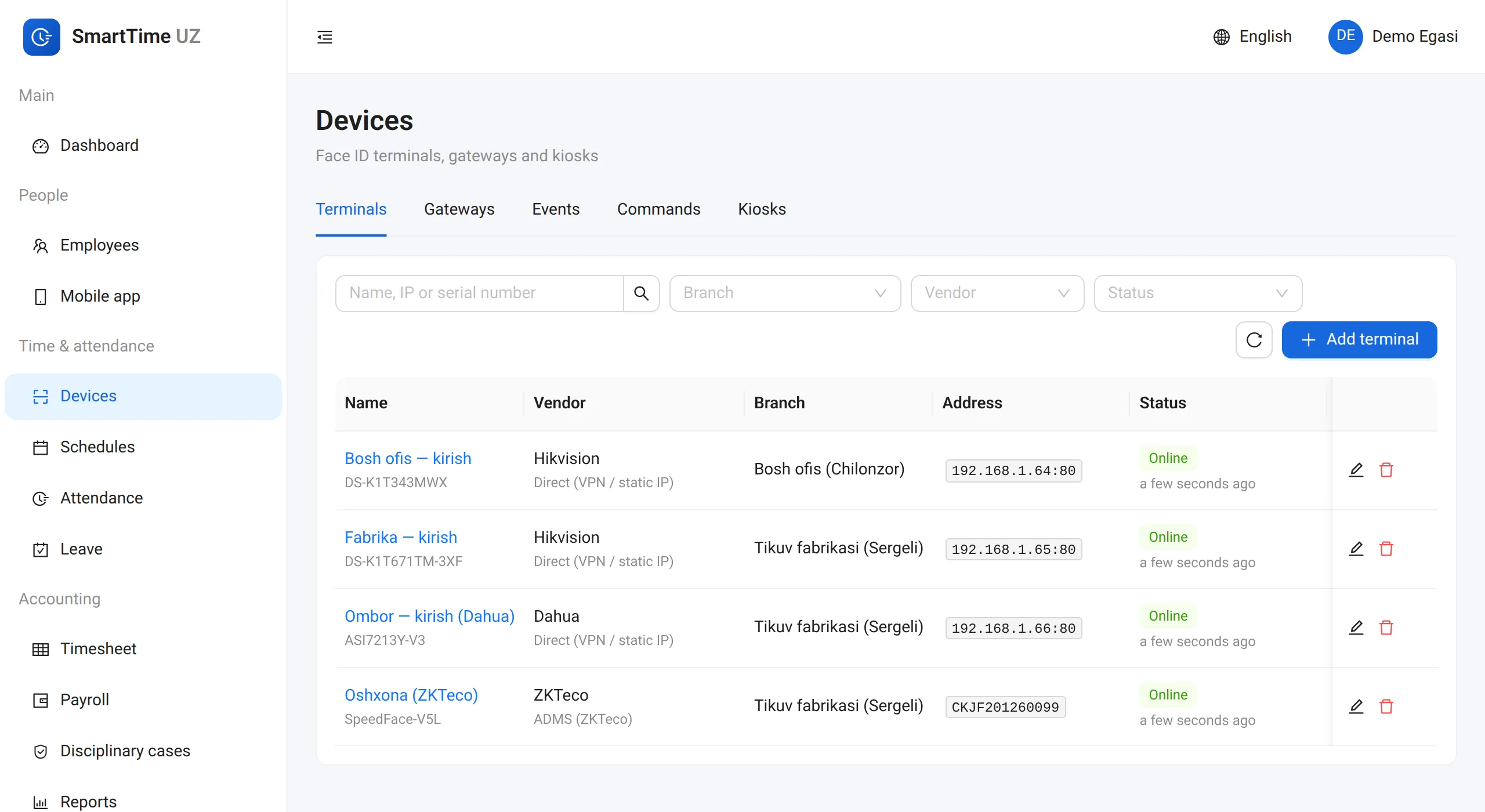 SmartTime devices page: Hikvision, Dahua and ZKTeco terminals online