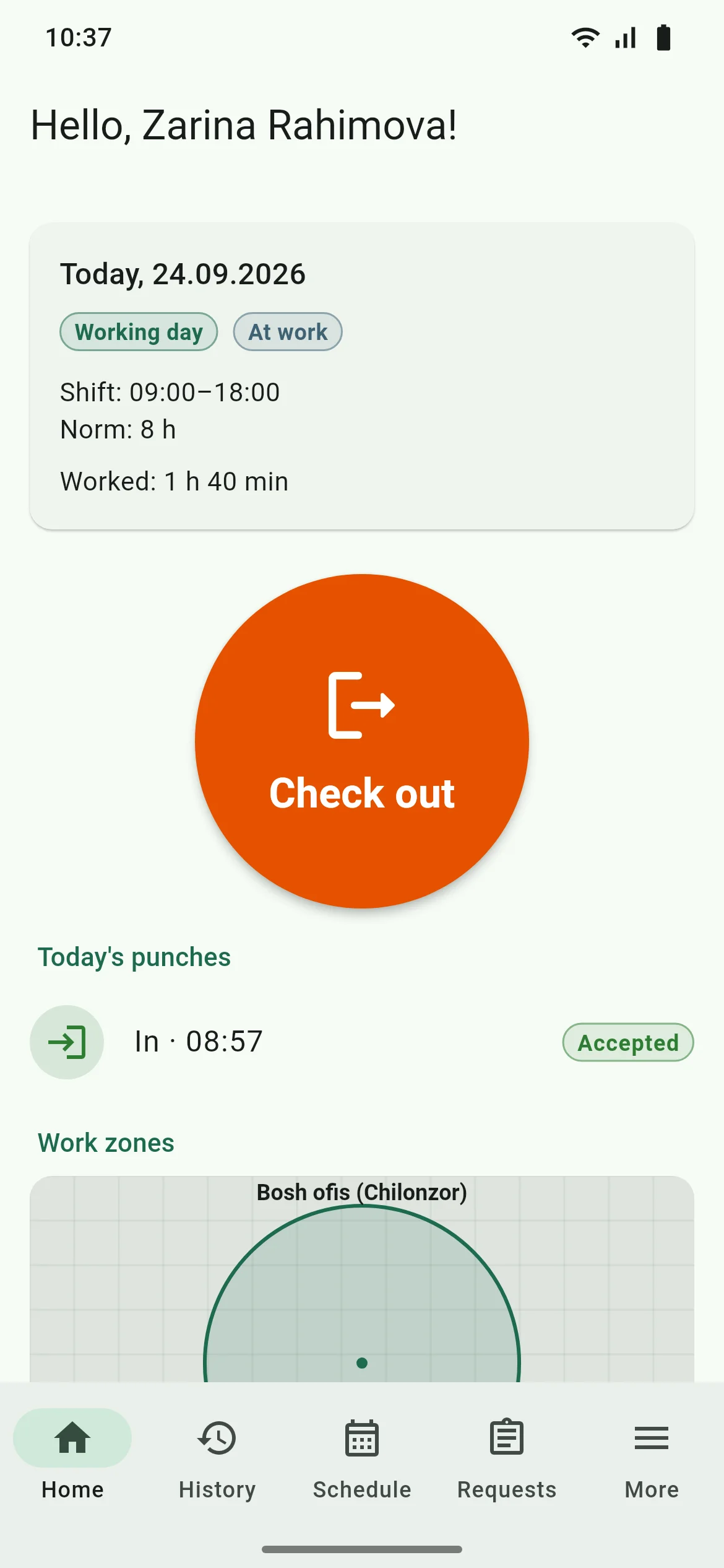 SmartTime mobile app: today’s shift, punches and the check-out button