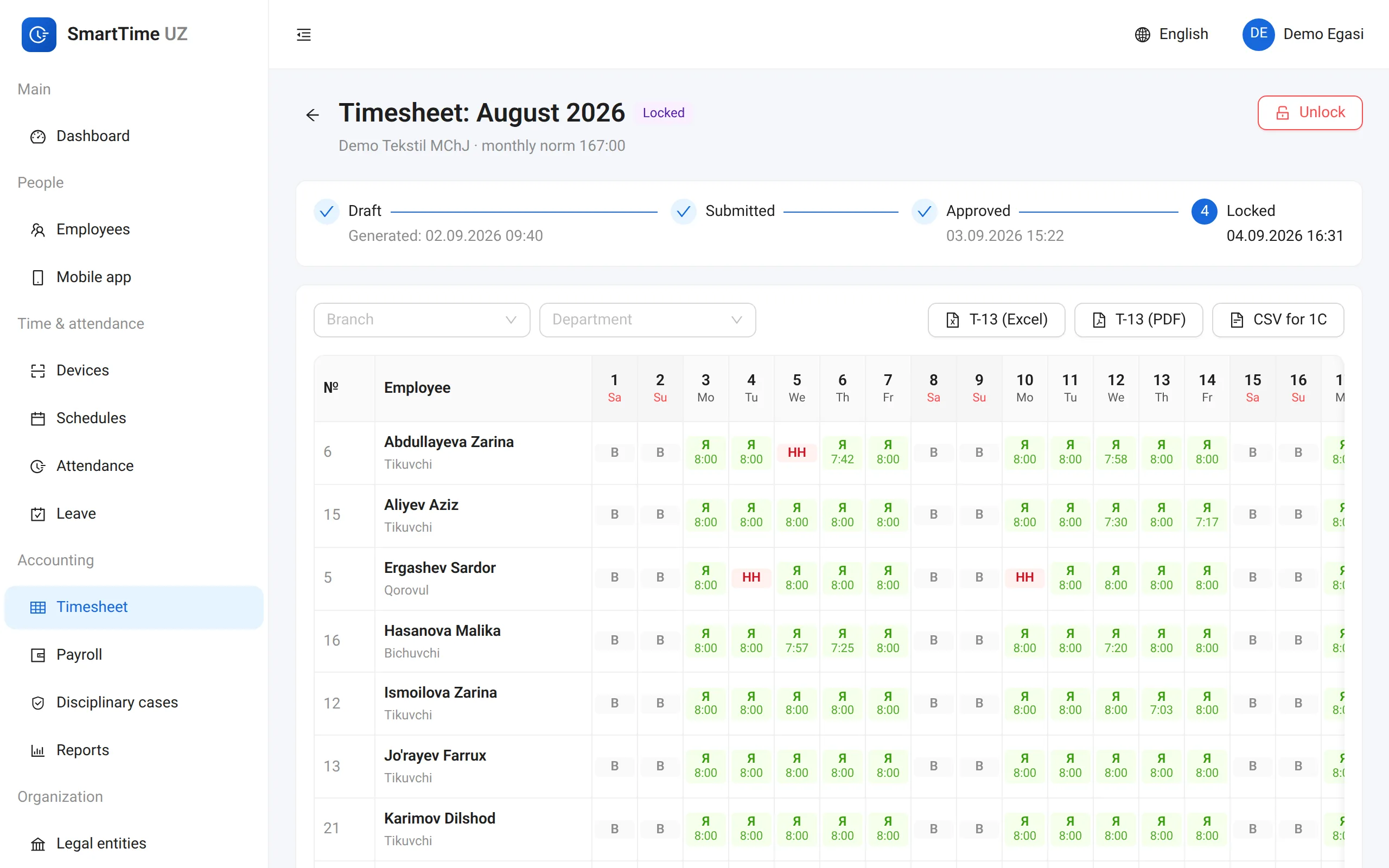 T-13 timesheet: daily codes and hours for each employee